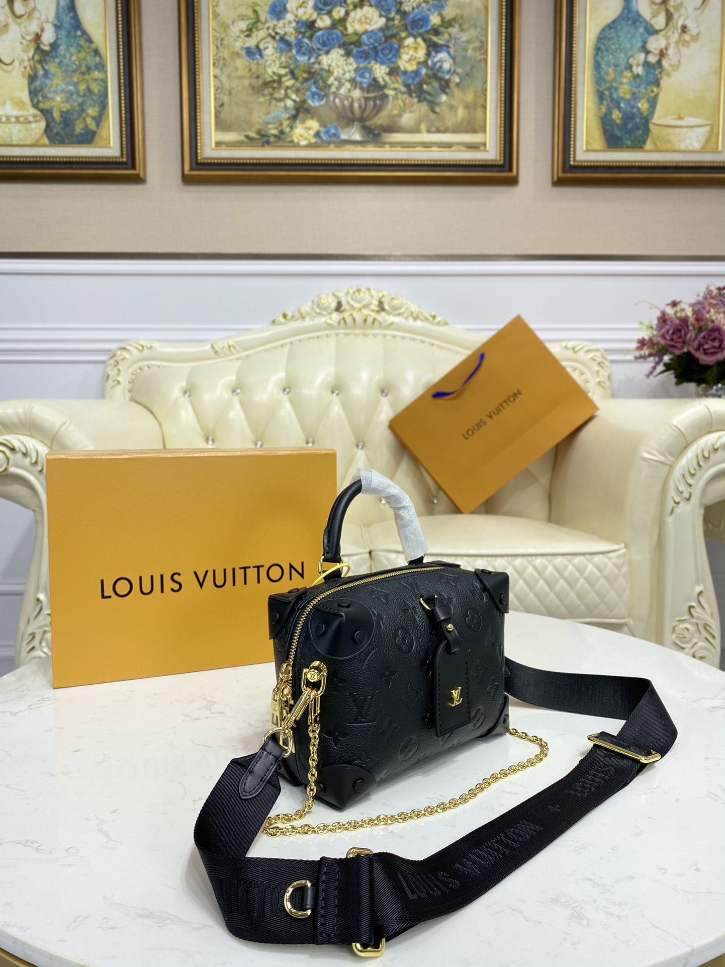 Louis Vuitton PETITE MALLE SOUPLE Handbag Embossed Grained M45393 Black